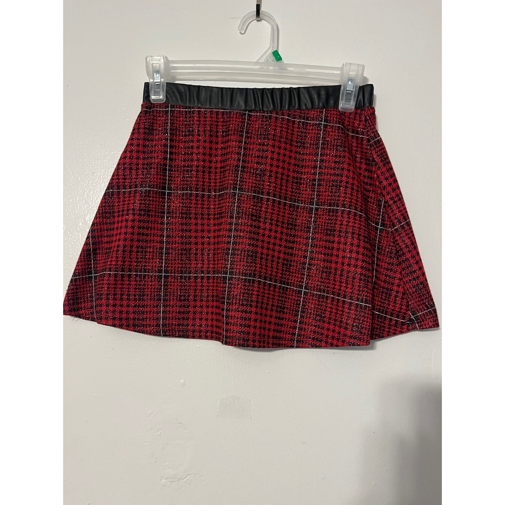 Amy Byer Girls Red Black Plaid Metallic Skort Faux Leather Waistband Size M10-12